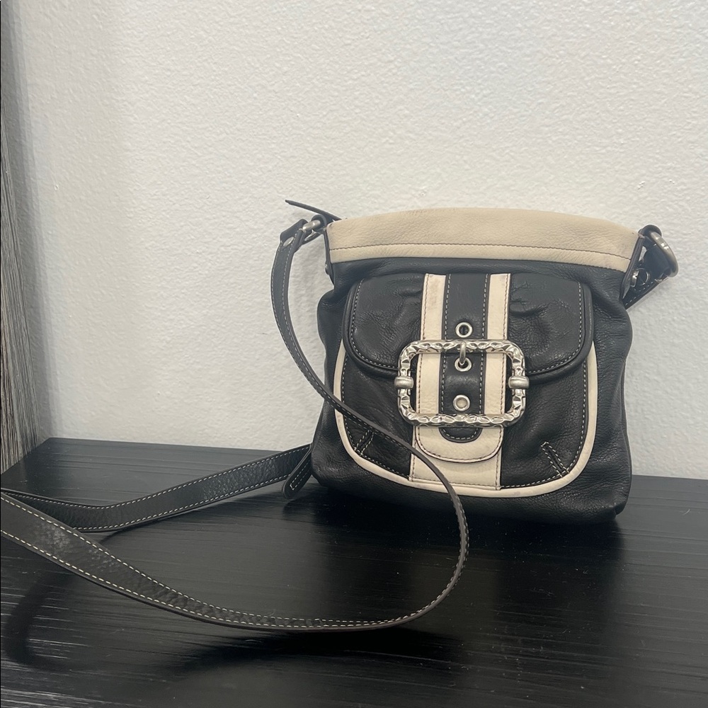 B. Makowsky Black and Cream Crossbody Bag with Buckle